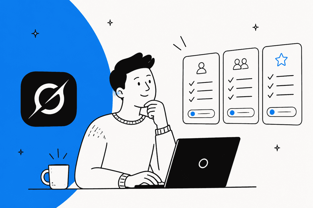 Hand-drawn illustration of a man at a laptop comparing three pricing cards, with the Grok logo on a blue shape beside him