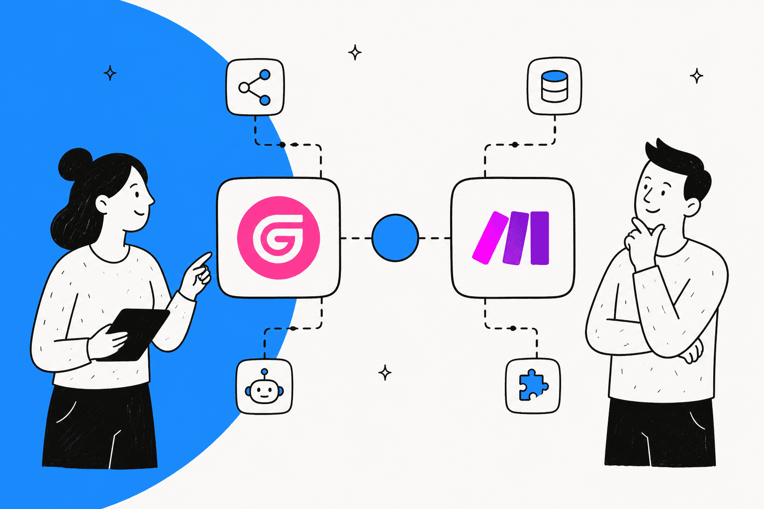 Hand-drawn illustration of two people comparing the Gumloop and Make logos, joined by a dotted line with small app icons around them