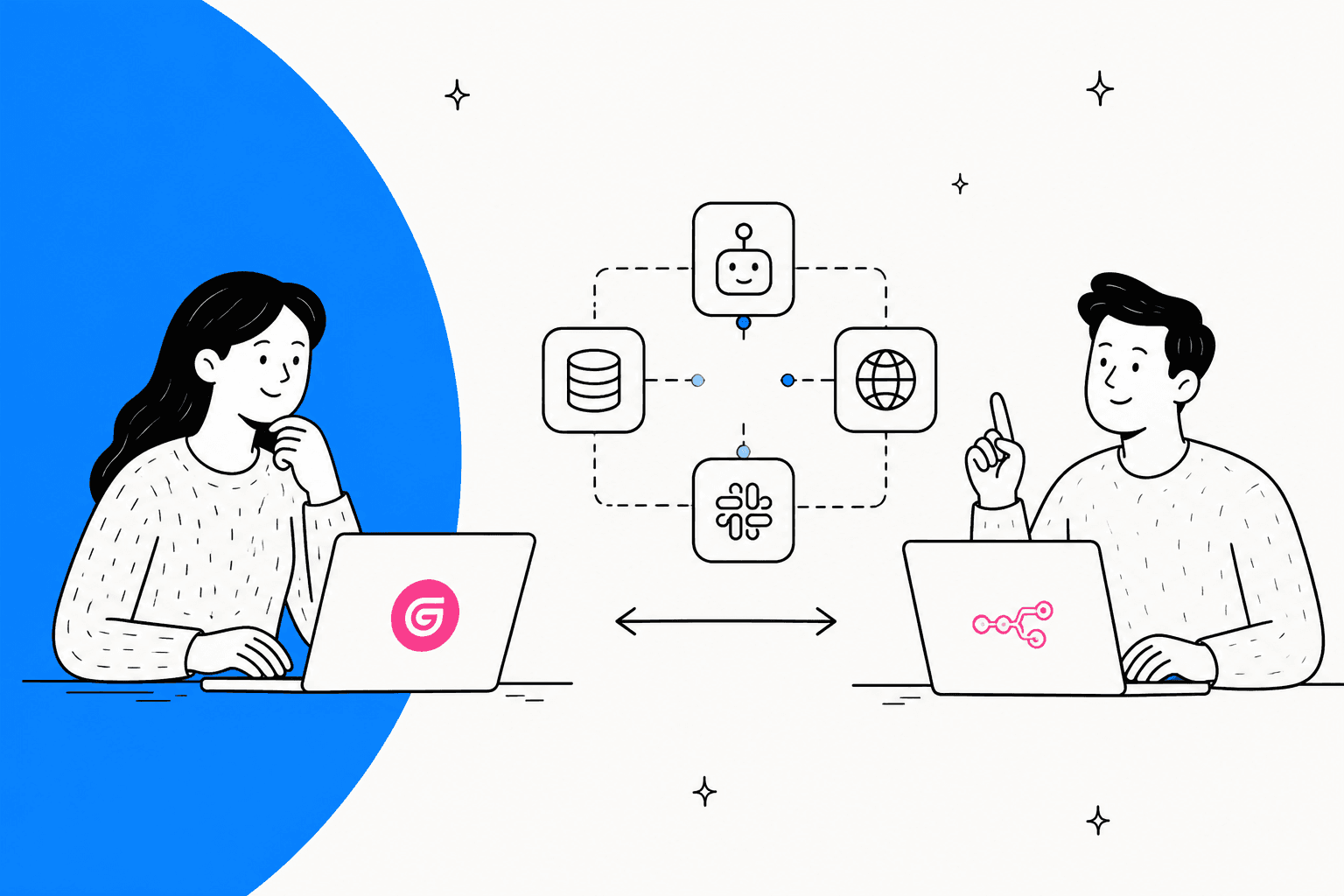 Hand-drawn illustration of two people at laptops showing the Gumloop and n8n logos, with connected app icons for a database, a bot, the web and Slack between them