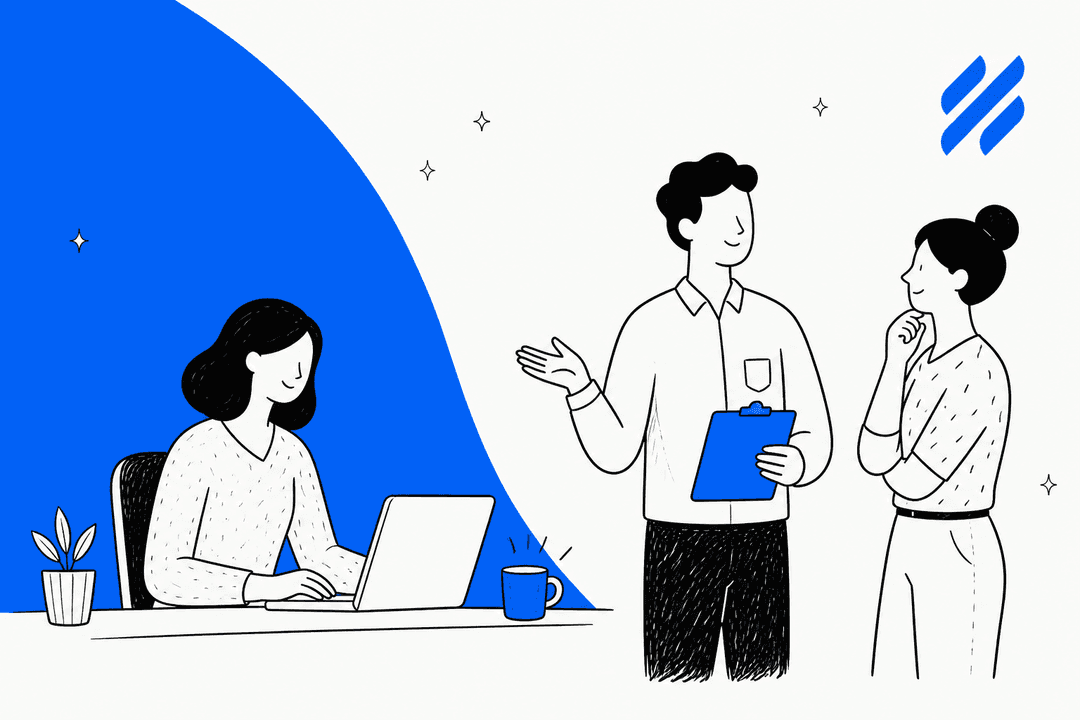 Hand-drawn illustration of a support agent at a laptop and two colleagues talking beside a large blue shape, with the Help Scout logo in the top right corner