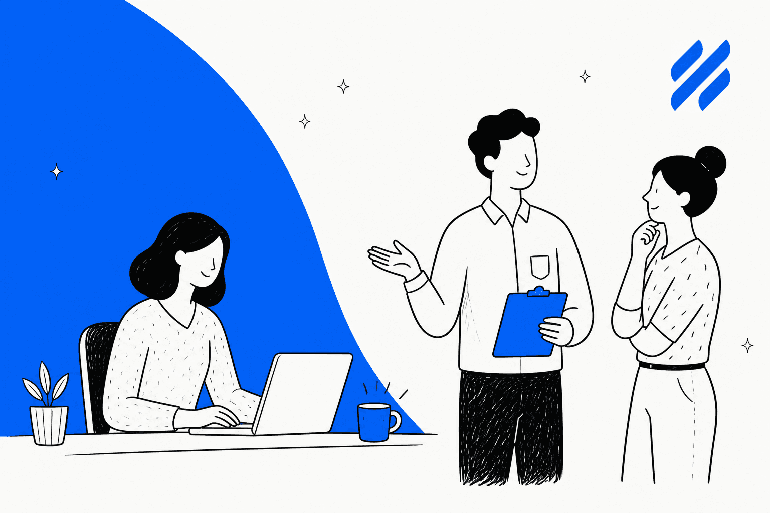 Hand-drawn illustration of a support agent at a laptop and two colleagues talking beside a large blue shape, with the Help Scout logo in the top right corner