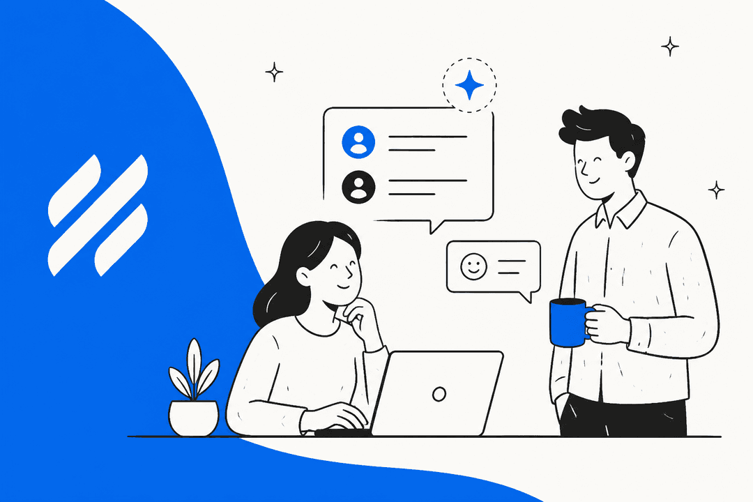 Hand-drawn illustration of two support colleagues chatting at a laptop beside chat bubbles, with the Help Scout logo on a blue curved block