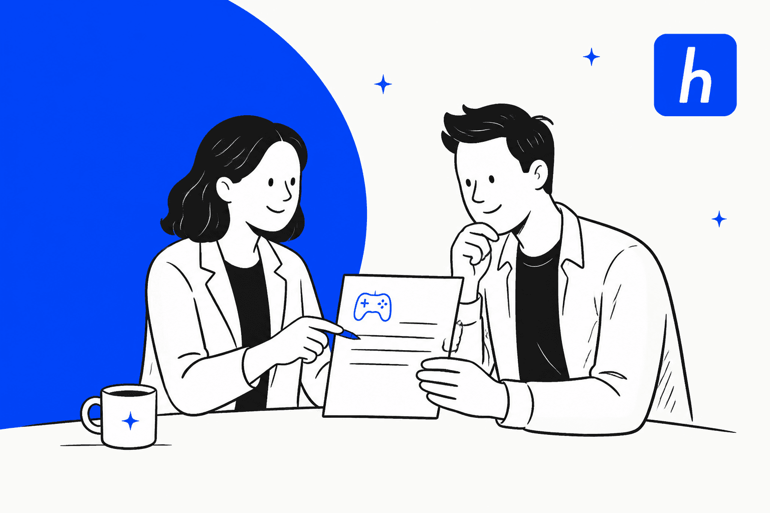 Hand-drawn illustration of two colleagues reviewing a single custom quote sheet with a game controller icon, beside the Helpshift logo