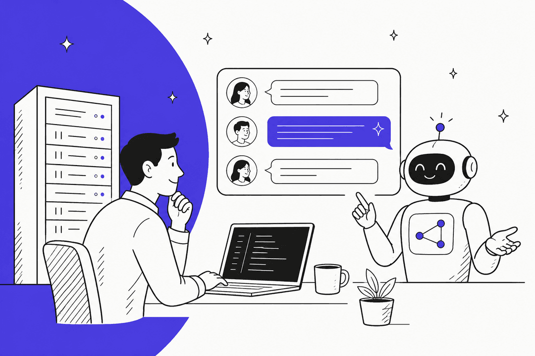 Hand-drawn illustration of an IT admin at a laptop beside a server rack while a friendly robot agent answers employee questions in a team chat