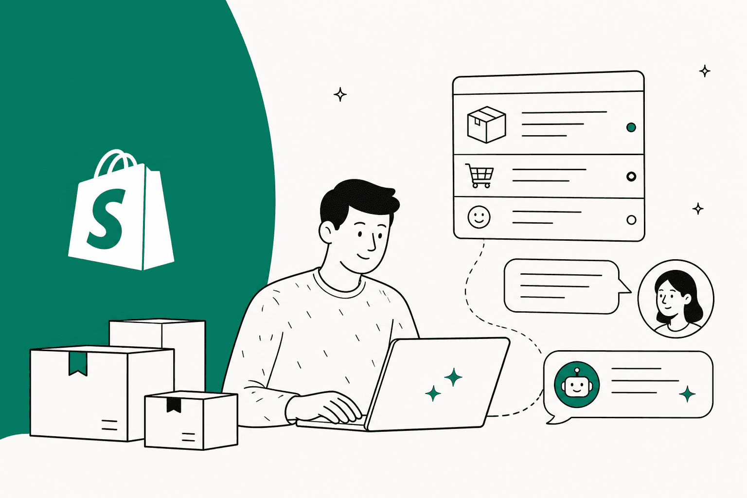 Hand-drawn illustration of a merchant at a laptop next to shipping boxes and the Shopify bag logo, with an AI bot drafting replies to a shopper's message