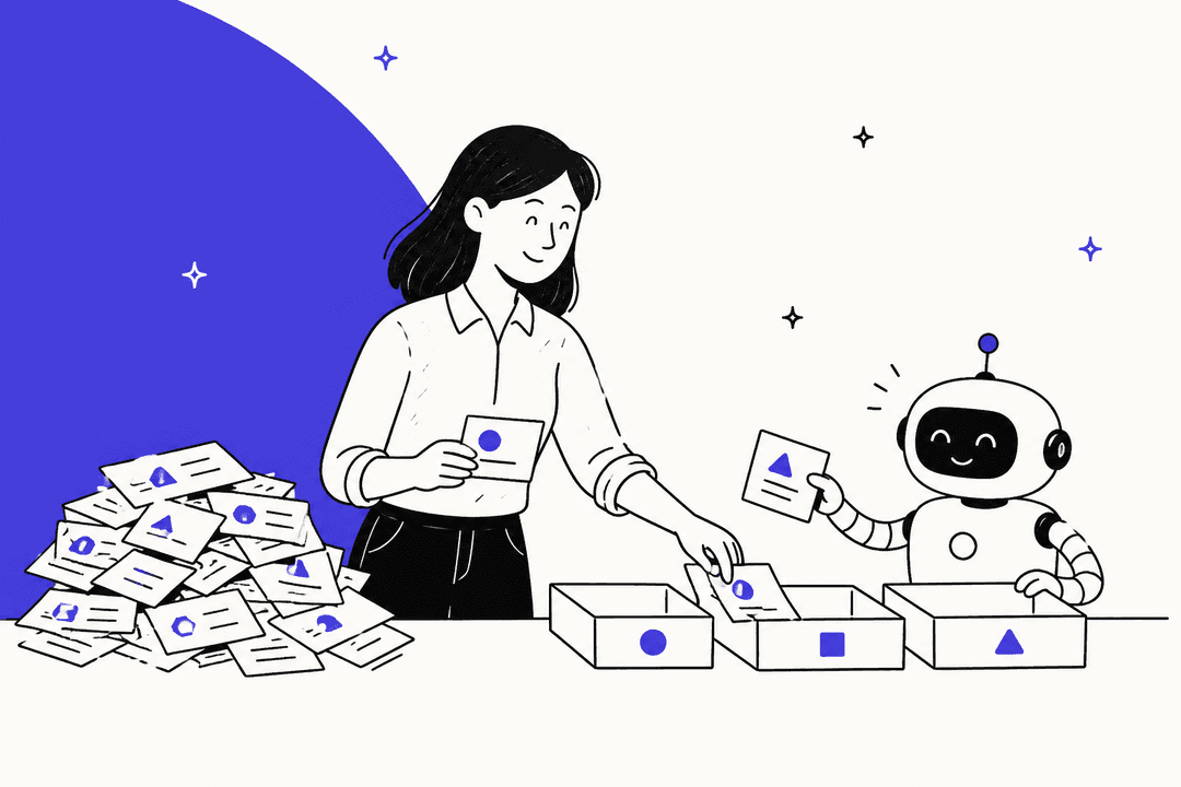Hand-drawn illustration of a support lead sorting a pile of tickets into labelled trays while a small friendly robot helps