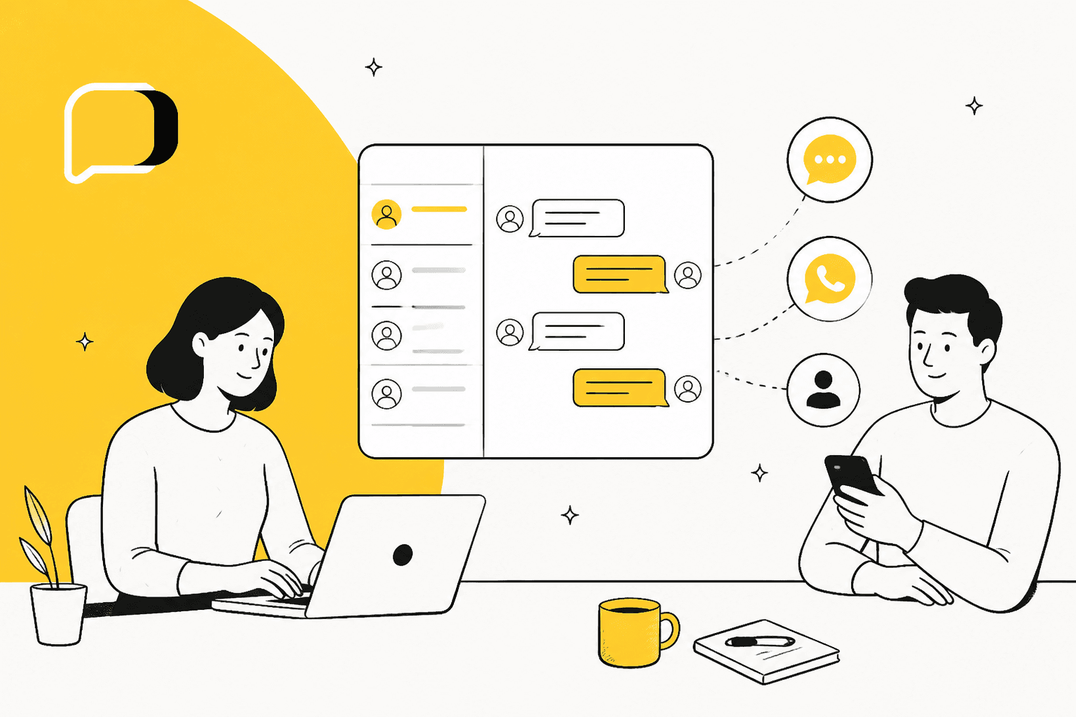 Hand-drawn illustration of a support agent at a laptop with a shared texting inbox, connected to SMS, WhatsApp and customer icons, and a customer replying from a phone, with the Heymarket chat-bubble logo on a yellow shape