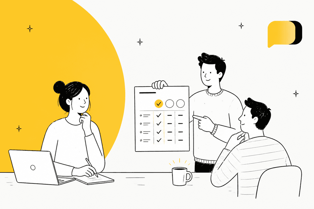 Hand-drawn illustration of three people reviewing a plan comparison sheet with check marks at a table, with a yellow Heymarket chat-bubble logo in the corner