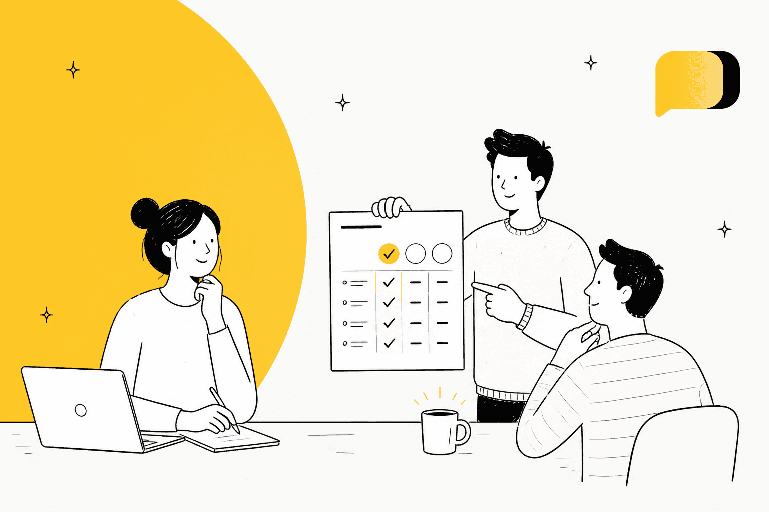 Hand-drawn illustration of three people reviewing a plan comparison sheet with check marks at a table, with a yellow Heymarket chat-bubble logo in the corner