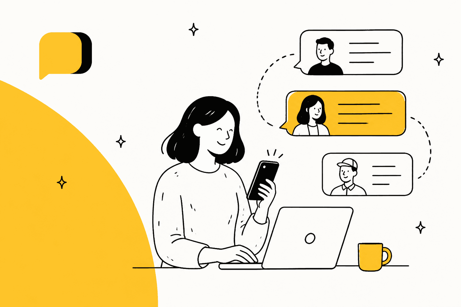Hand-drawn illustration of a person texting from a phone at a laptop, with three customer message bubbles and the yellow Heymarket chat-bubble logo