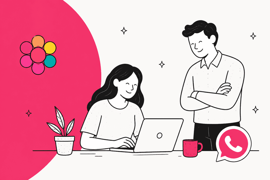 Hand-drawn illustration of a woman smiling at her laptop while a colleague stands beside her, with a pink WhatsApp-style chat bubble on the desk and the HoliThemes flower logo on a pink background