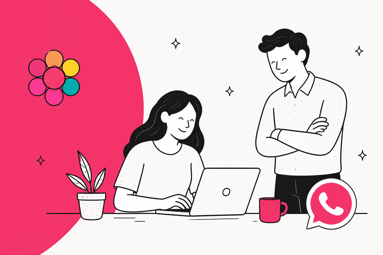 Hand-drawn illustration of a woman smiling at her laptop while a colleague stands beside her, with a pink WhatsApp-style chat bubble on the desk and the HoliThemes flower logo on a pink background