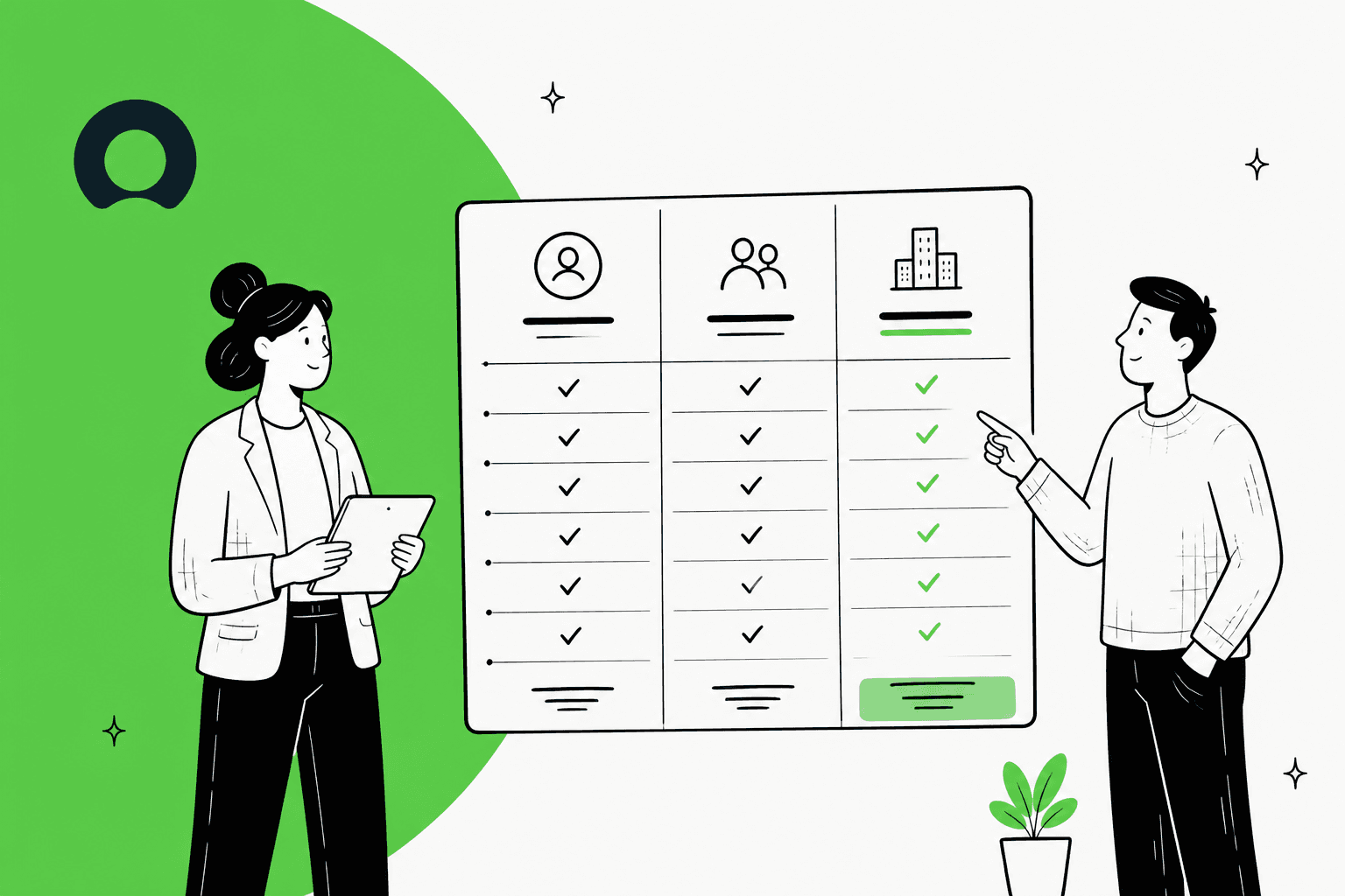 Illustration of two people comparing a ServiceNow AI platform pricing table
