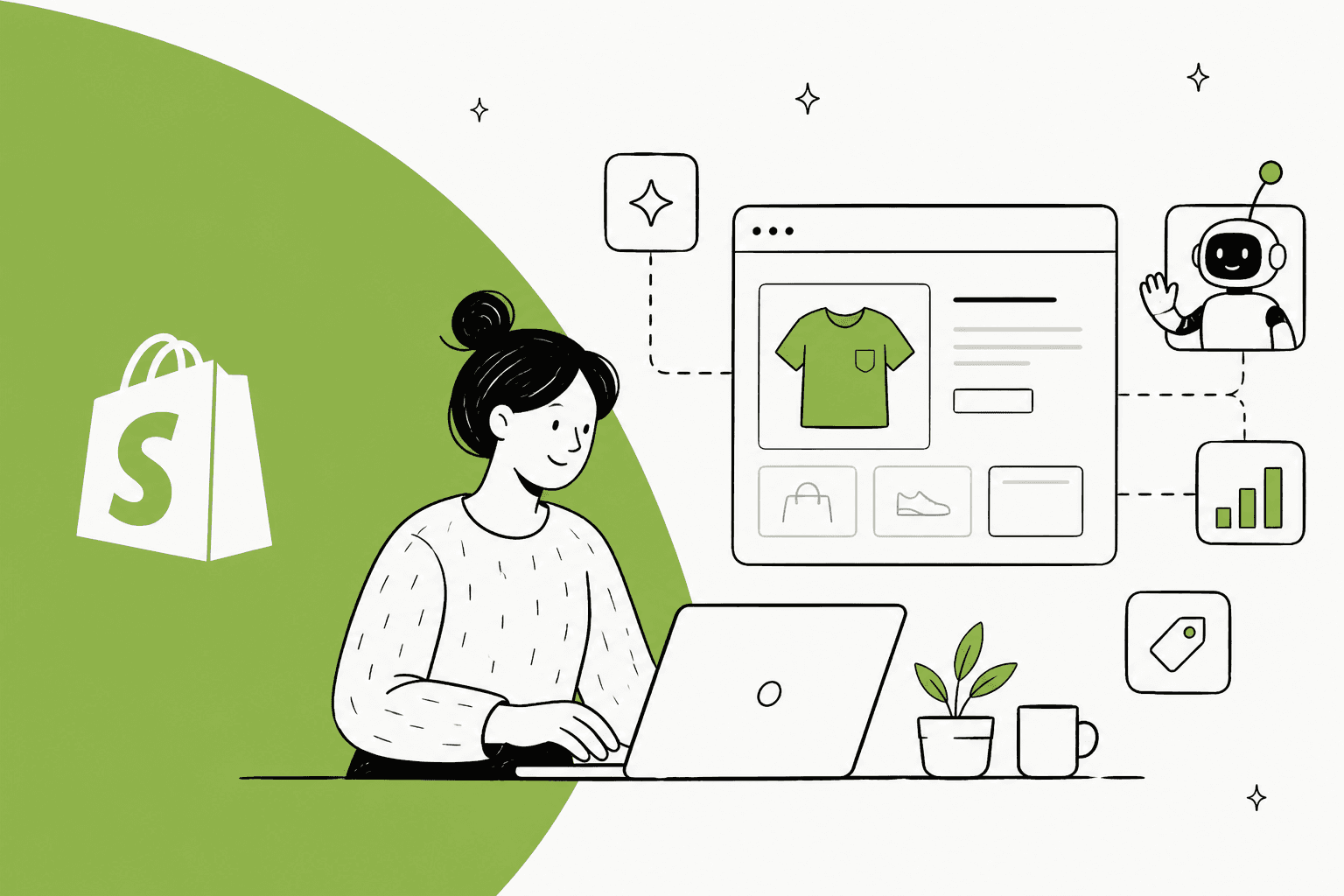 Illustration of a person building a Shopify store on a laptop with AI helpers around the storefront