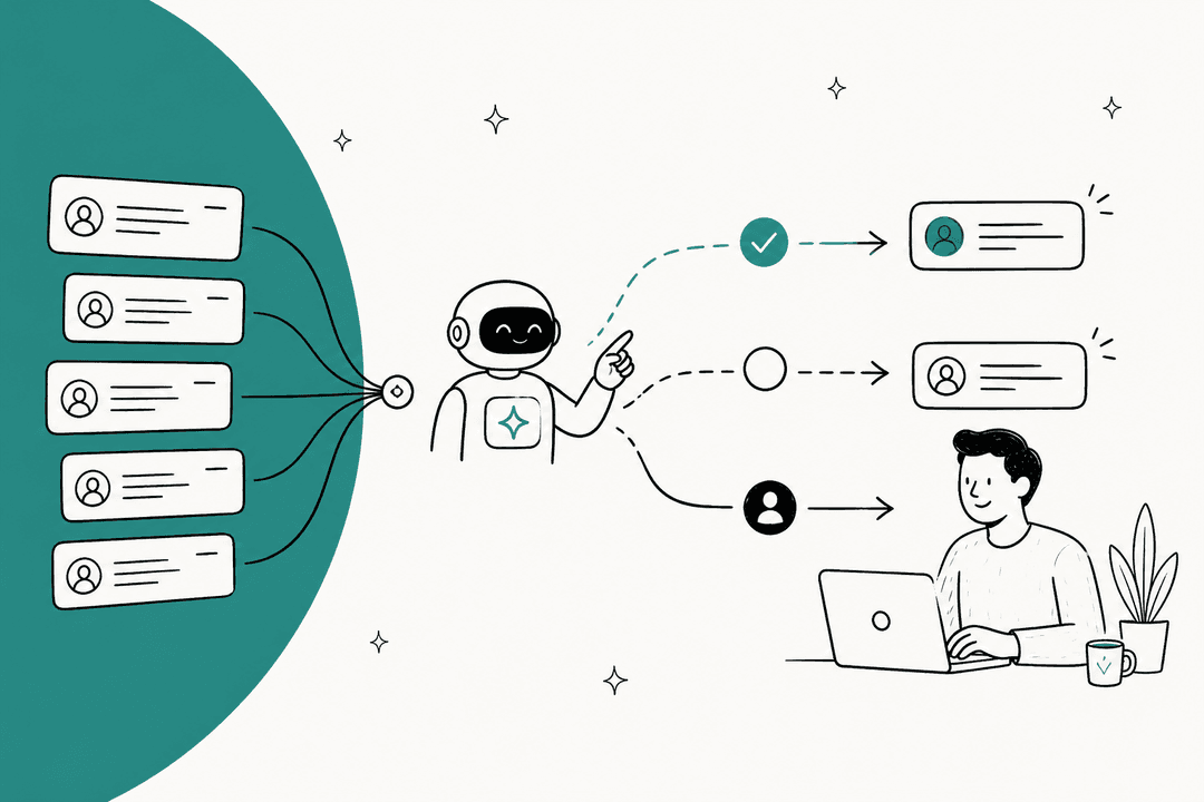 Hand-drawn illustration of a stack of support tickets flowing to an AI teammate that resolves some, drafts others, and hands the rest to a human agent at a laptop