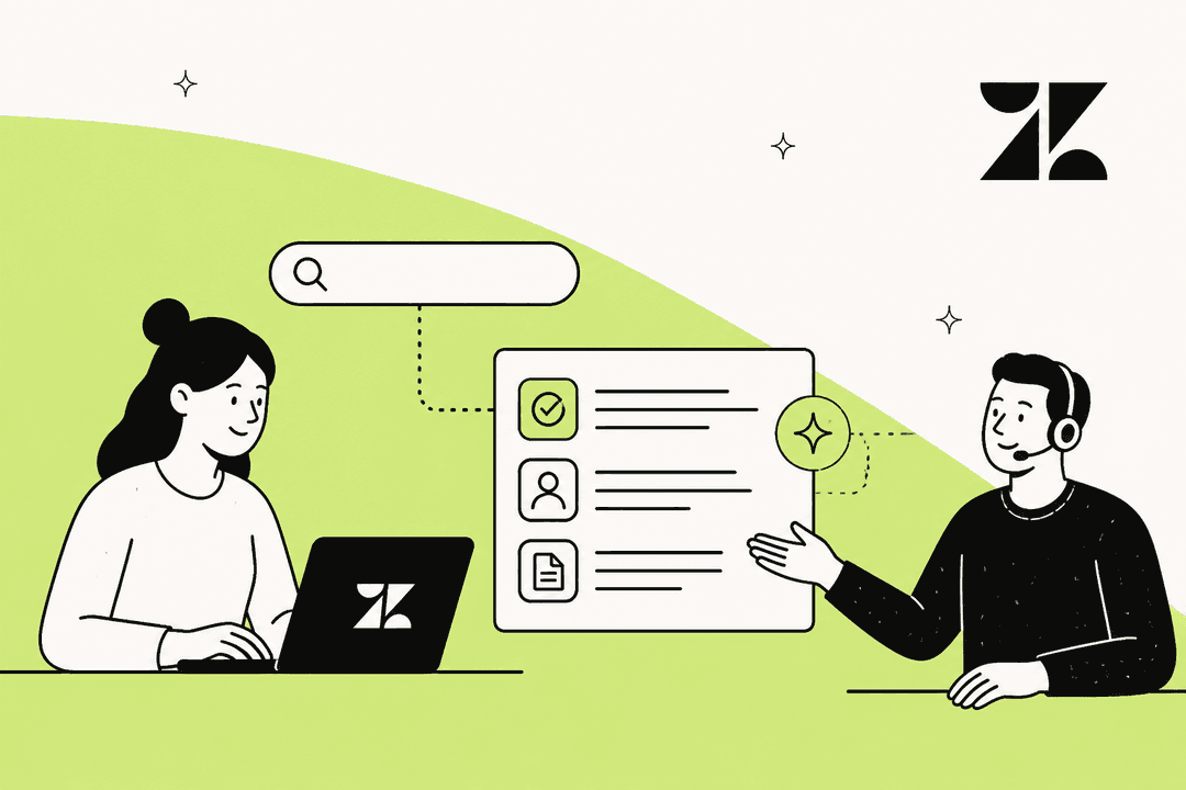 Illustrated support agent and customer beside a Zendesk help center search bar with ranked answers