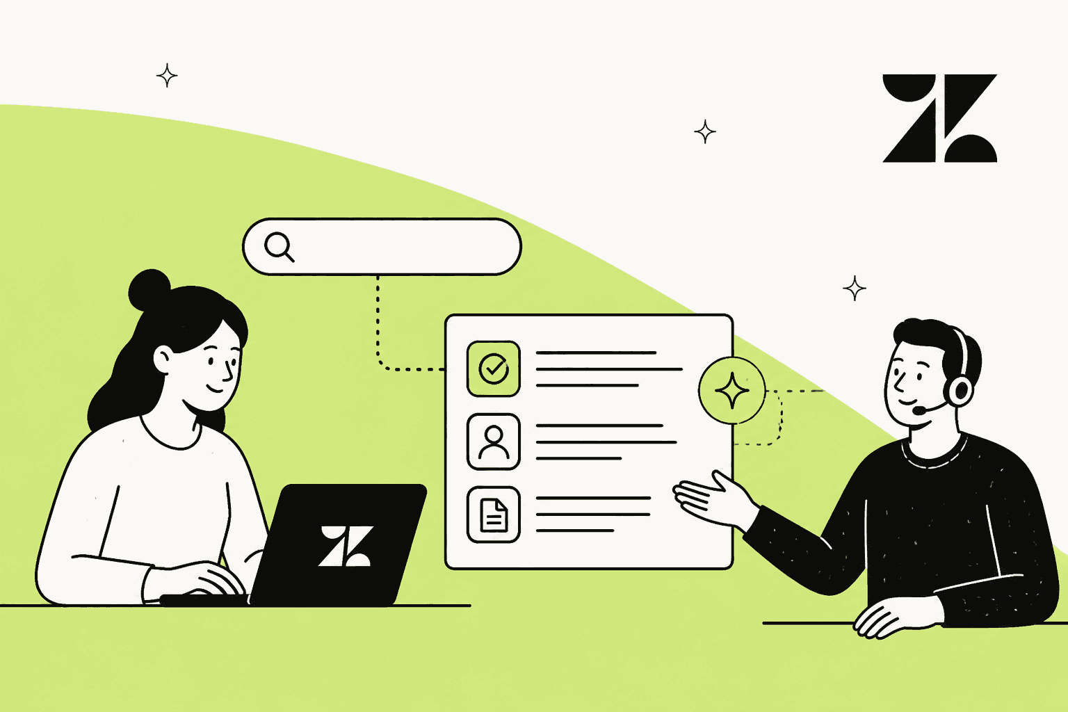 Illustrated support agent and customer beside a Zendesk help center search bar with ranked answers