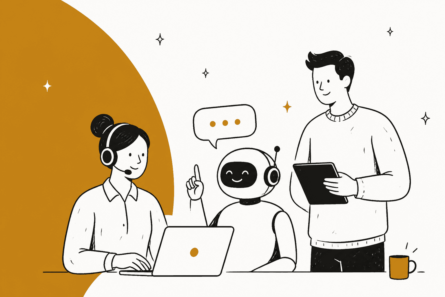 Handgezeichnete Illustration einer Support-Mitarbeiterin mit Headset, eines freundlichen Roboters und eines Kollegen mit Tablet, die an einem Schreibtisch zusammenarbeiten, vor ockerfarbenem Hintergrund