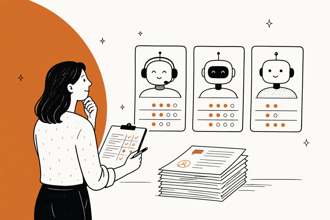 Hand-drawn illustration of a support lead with a clipboard comparing three AI agent profile cards next to a stack of past tickets