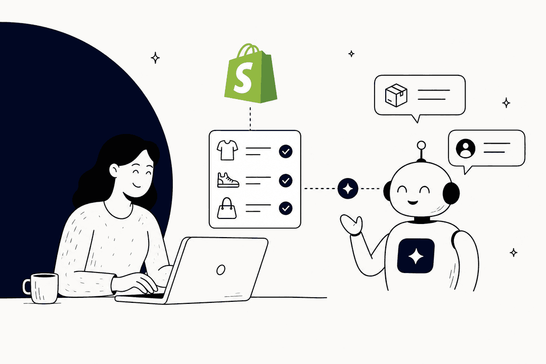 Illustration of a shopper chatting with an AI bot that looks up a Shopify order