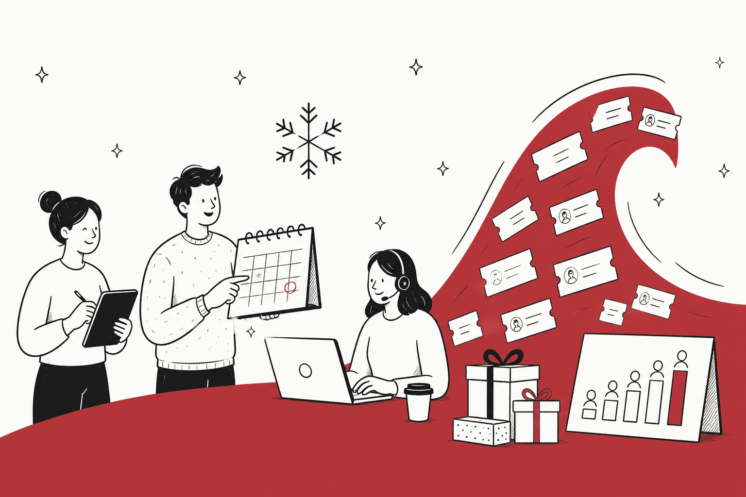 Ilustración dibujada a mano de un equipo de soporte con un calendario y un portátil mientras una ola de tarjetas de tickets rompe sobre cajas de regalo y un gráfico de personal, sobre un fondo rojo arándano