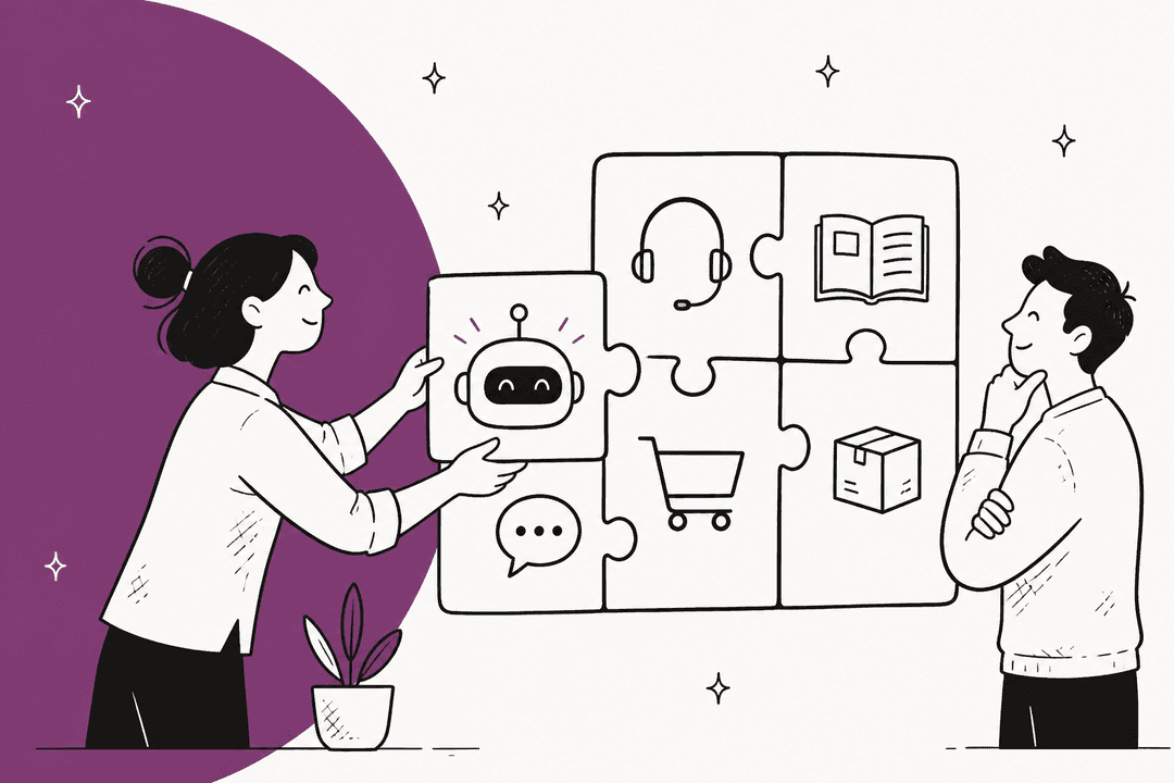 Hand-drawn illustration of a support lead fitting an AI robot puzzle piece into a puzzle of helpdesk, docs, chat, shopping cart and shipping box pieces while a colleague watches