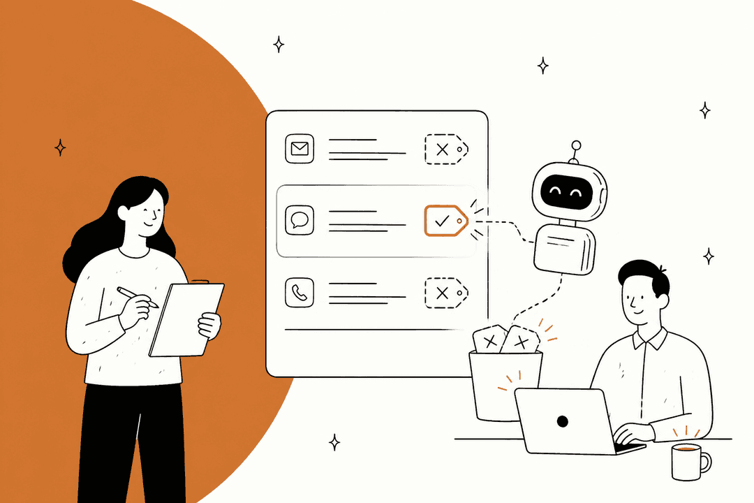 Hand-drawn illustration of a support agent and an AI robot reviewing correct and rejected ticket tags