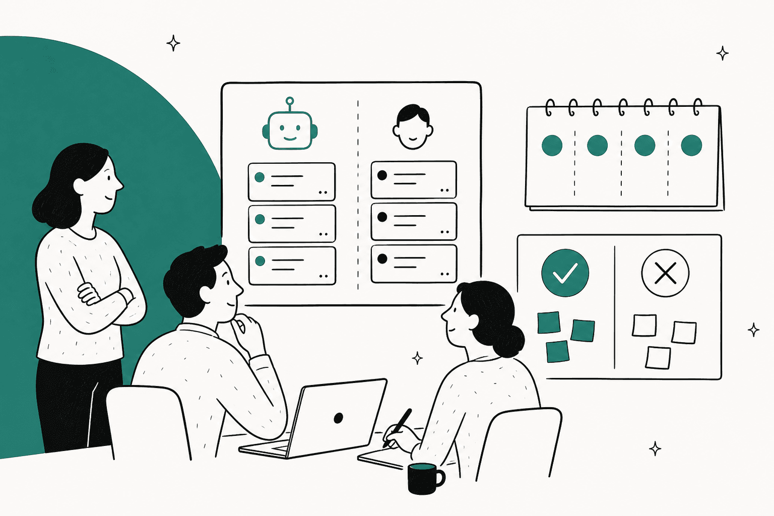 Hand-drawn illustration of a support team reviewing a board that splits tickets into an AI lane and a human lane, next to a four-week calendar and a go or no-go board, on a pine green background