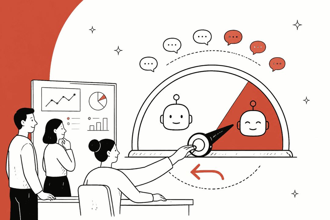 Illustration dessinée à la main de trois membres d'une équipe de support observant un cadran qui fait passer les conversations entrantes d'un ancien robot IA à un nouveau, avec une flèche de rollback en dessous, sur un fond rouge brique