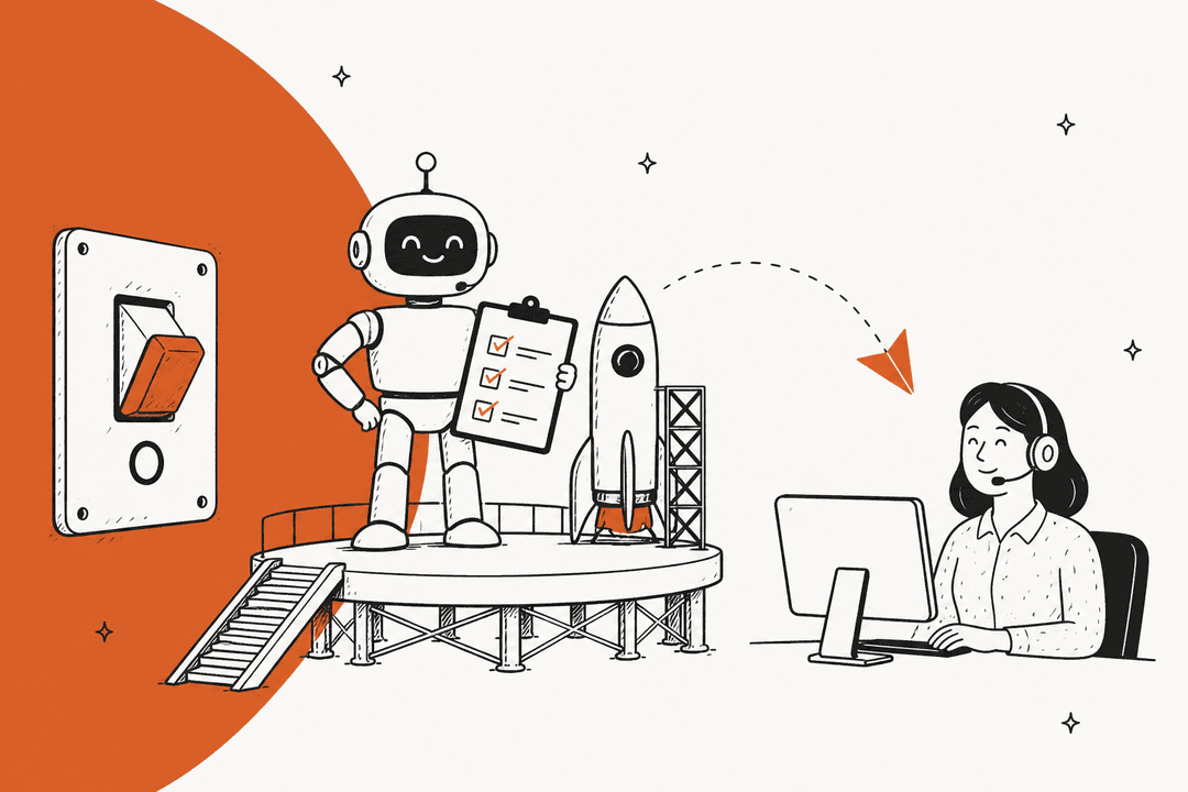 Illustration dessinée à la main d'un robot de support souriant tenant une liste de contrôle sur une rampe de lancement à côté d'une fusée, avec un grand bouton d'arrêt à gauche et une flèche en pointillés qui transfère vers un agent de support humain à son bureau, sur un fond orange brûlé