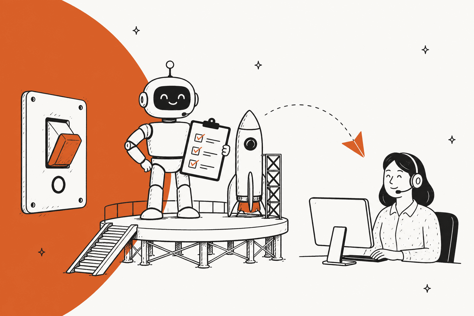 Illustration dessinée à la main d'un robot de support souriant tenant une liste de contrôle sur une rampe de lancement à côté d'une fusée, avec un grand bouton d'arrêt à gauche et une flèche en pointillés qui transfère vers un agent de support humain à son bureau, sur un fond orange brûlé