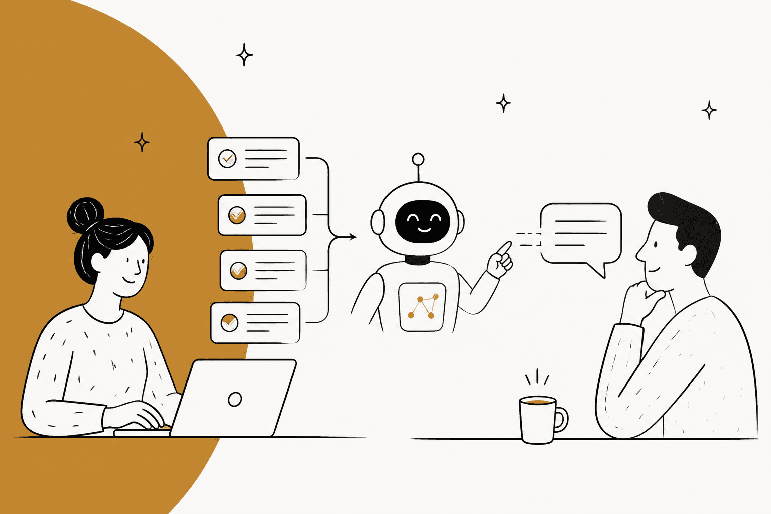Illustration dessinée à la main d'un agent du support devant un ordinateur portable qui donne à un robot sympathique une colonne d'anciens tickets cochés, le robot transmettant une réponse à un client qui tient un café, sur fond ocre