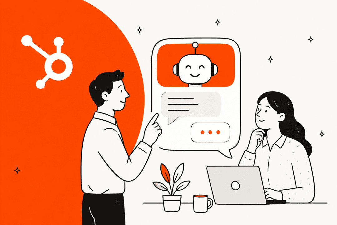 Illustration of two people talking with a smiling robot chatbot beside the HubSpot logo