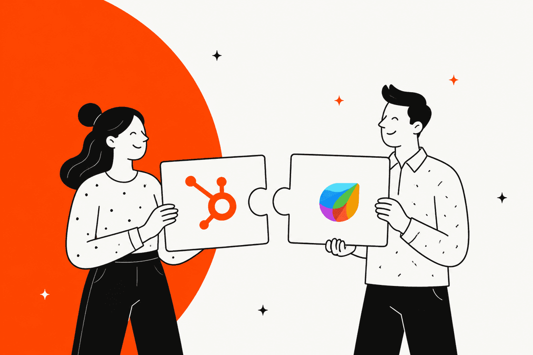 Hand-drawn illustration of two people fitting together puzzle pieces carrying the HubSpot and Freshworks logos, on a bright orange shape
