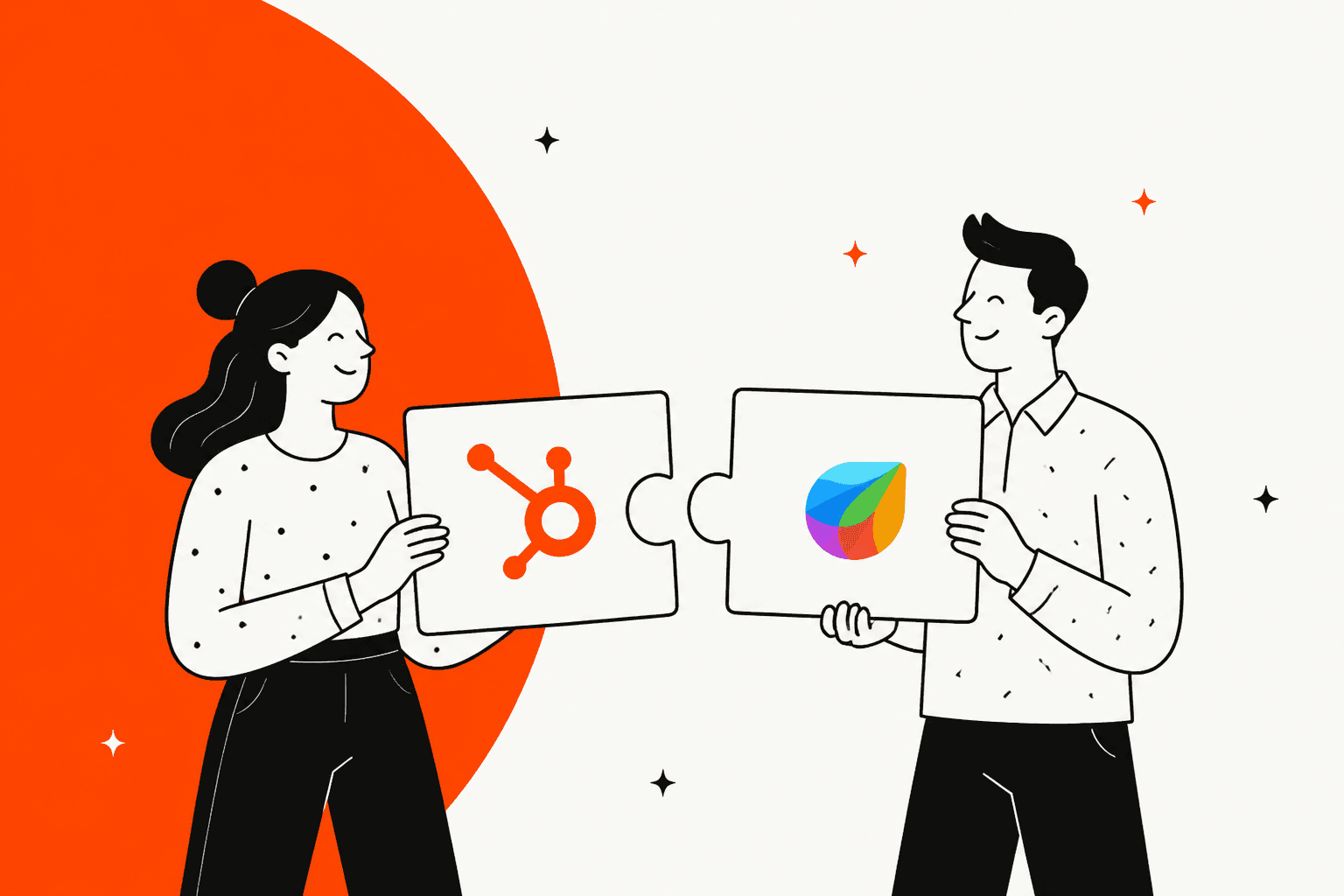 Hand-drawn illustration of two people fitting together puzzle pieces carrying the HubSpot and Freshworks logos, on a bright orange shape