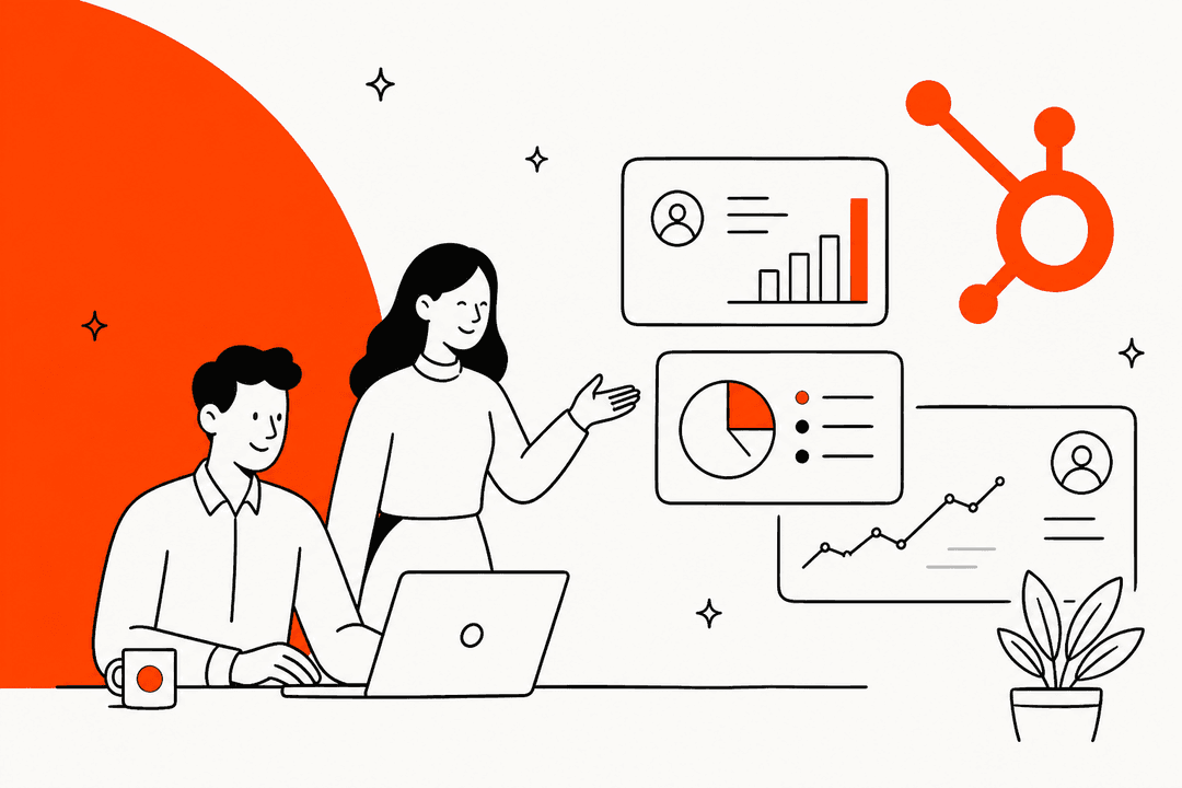 Two colleagues reviewing HubSpot dashboards next to the HubSpot logo