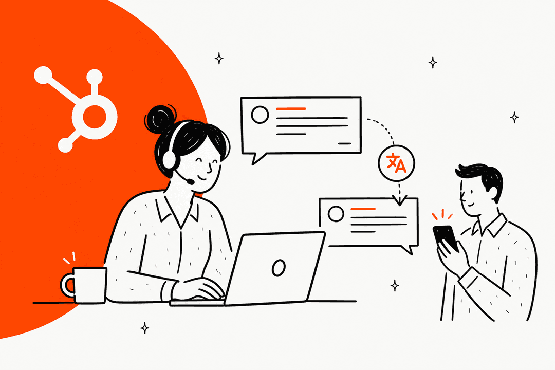 Hand-drawn illustration of a support agent at a laptop next to the HubSpot logo, with a chat bubble passing through a translate icon to a customer on a phone