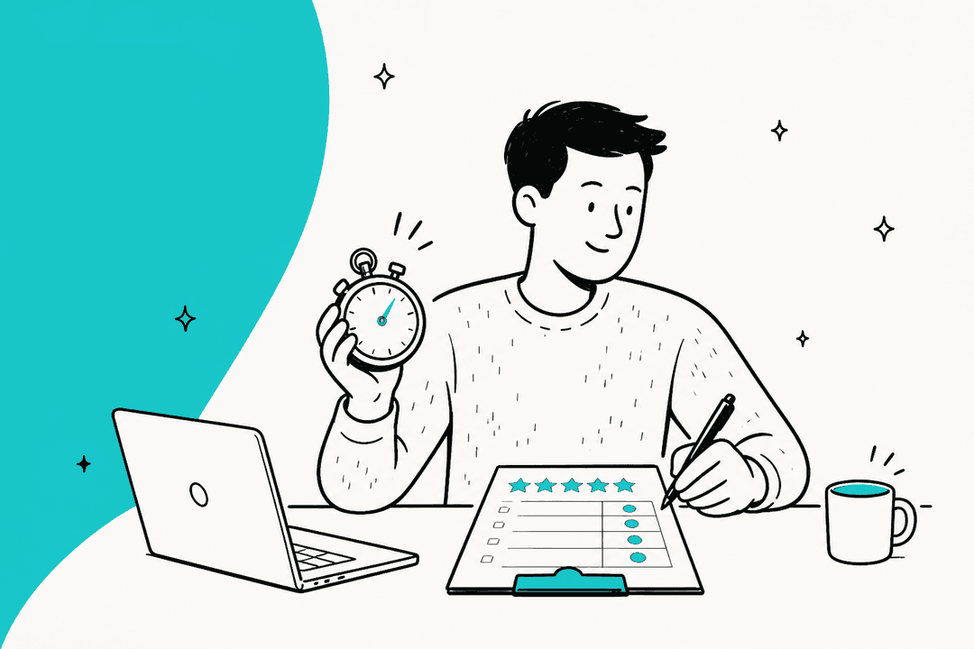 A reviewer holds a stopwatch and fills in a star-rated scorecard at a desk with a laptop, in front of a teal shape