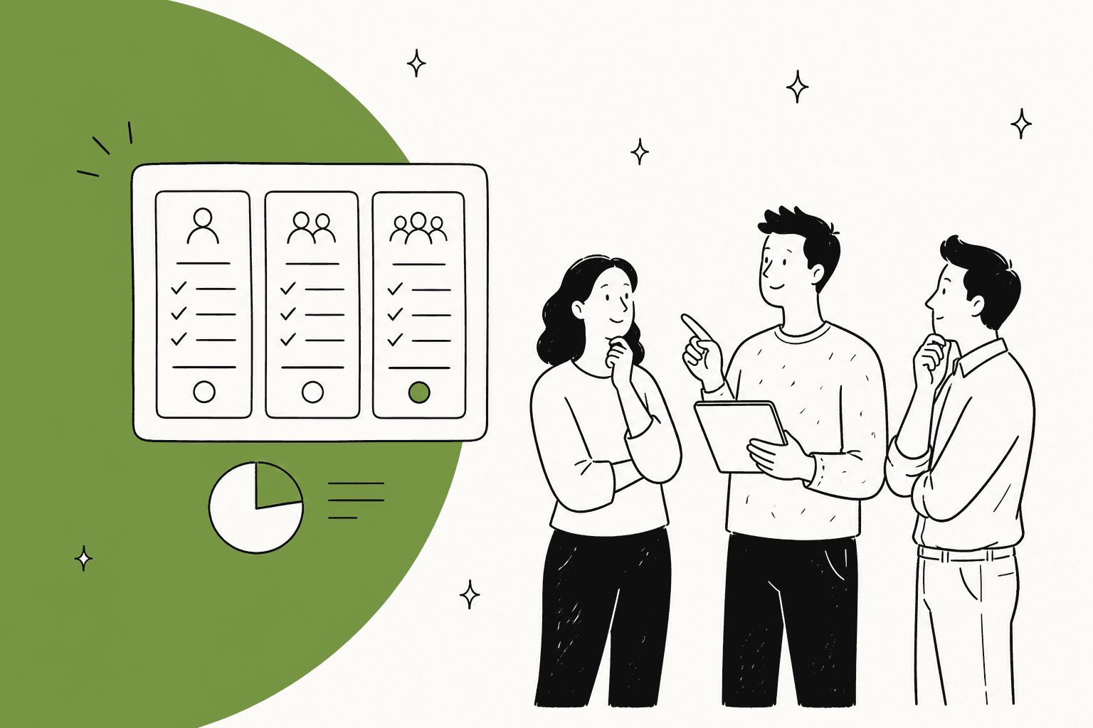 Hand-drawn illustration of three people looking at a three-column pricing board next to a green half circle