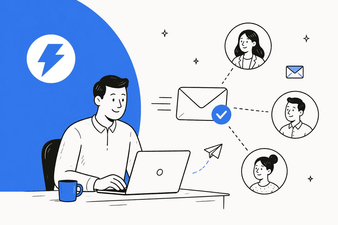 Illustration of a salesperson sending cold emails to prospects, in Instantly blue, for a roundup of Instantly alternatives in 2026