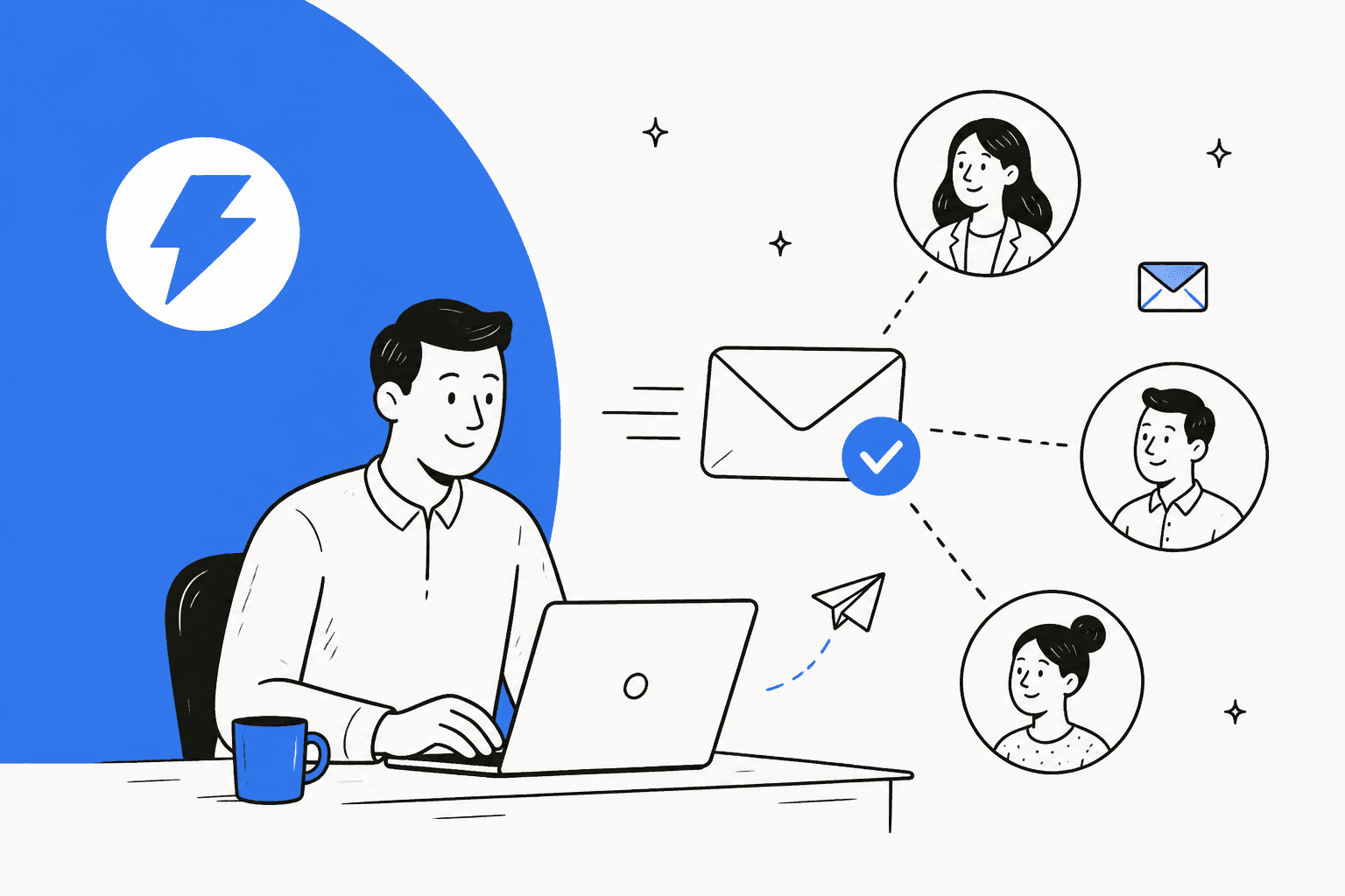 Illustration of a salesperson sending cold emails to prospects, in Instantly blue, for a roundup of Instantly alternatives in 2026
