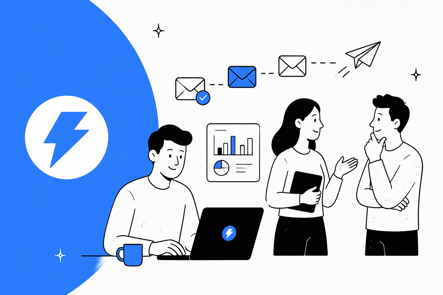 Illustration of a sales team around a laptop with email icons, in Instantly blue, for a 2026 overview of Instantly features and pricing