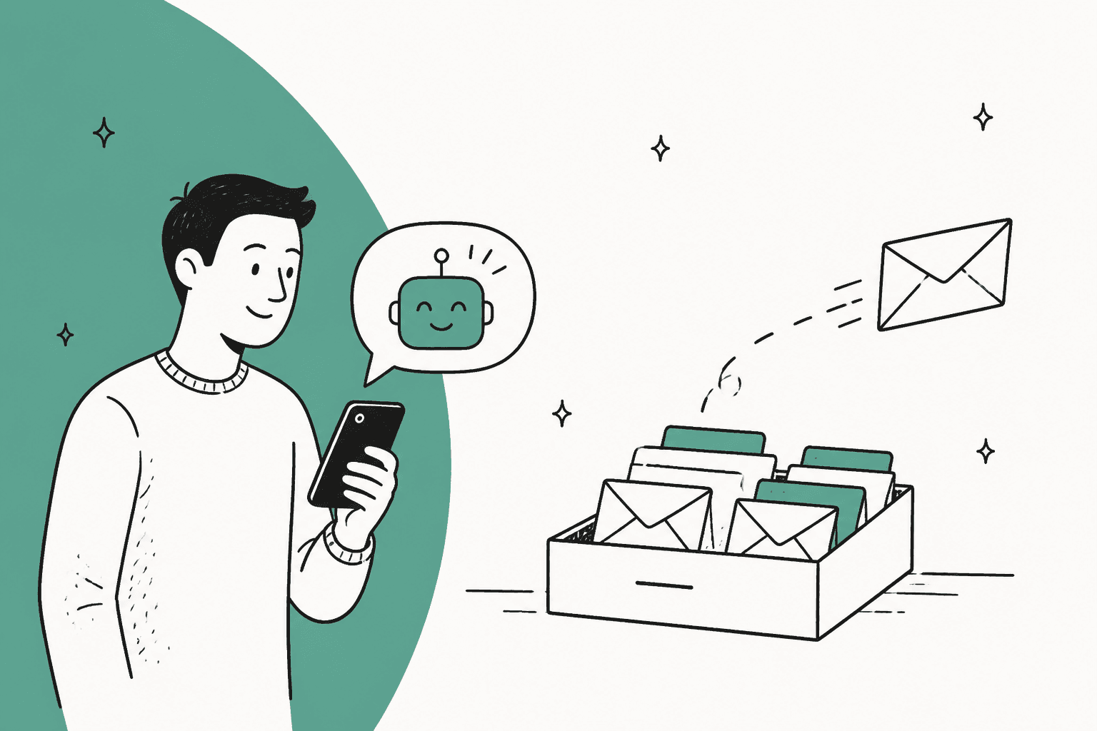 Hand-drawn hero banner of a man texting a friendly AI agent on his phone beside a sorted inbox tray, with one envelope flying out