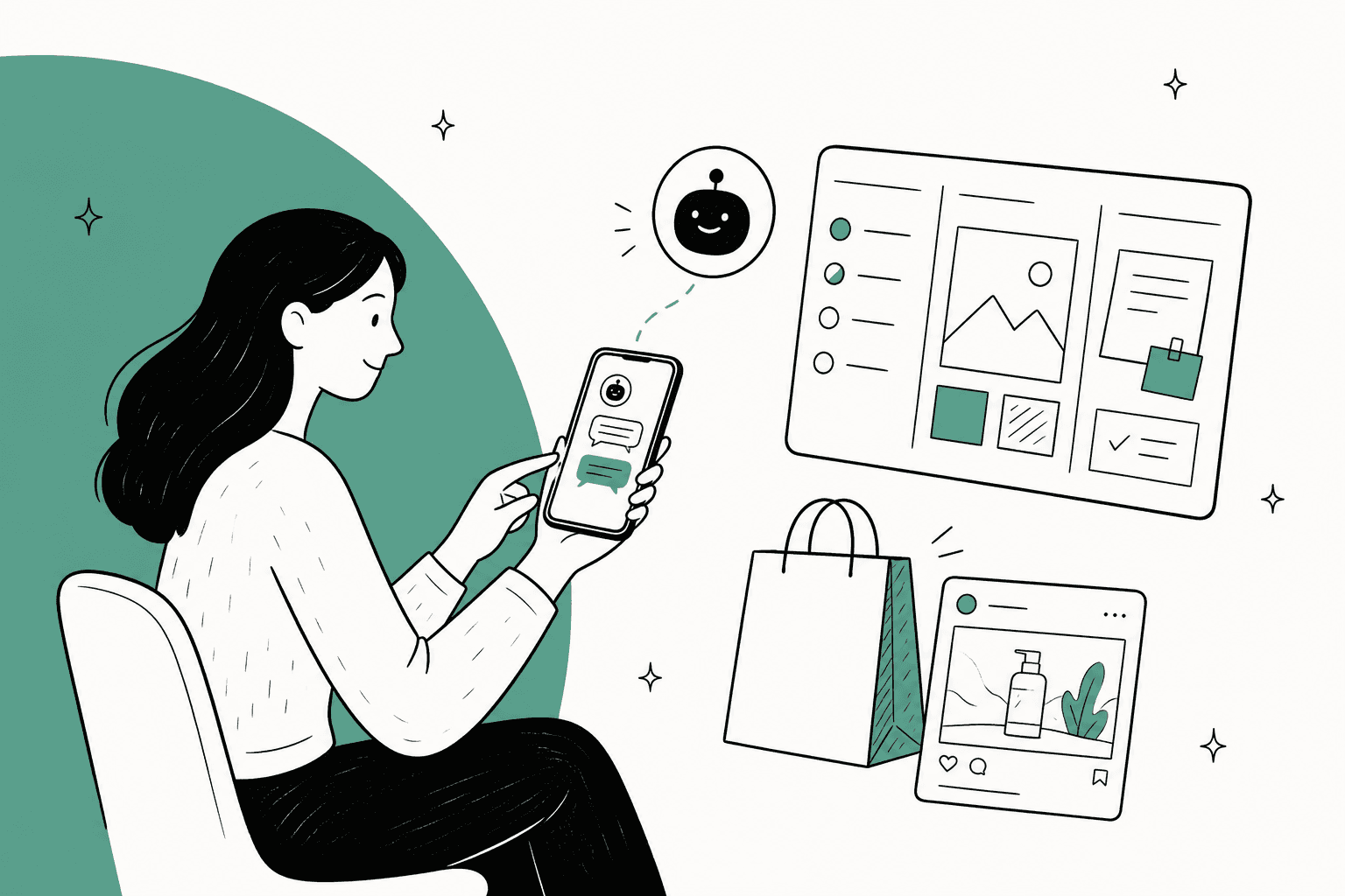Hand-drawn hero banner of a marketer texting a friendly AI agent on her phone, next to a campaign board, a shopping bag and a social media post card