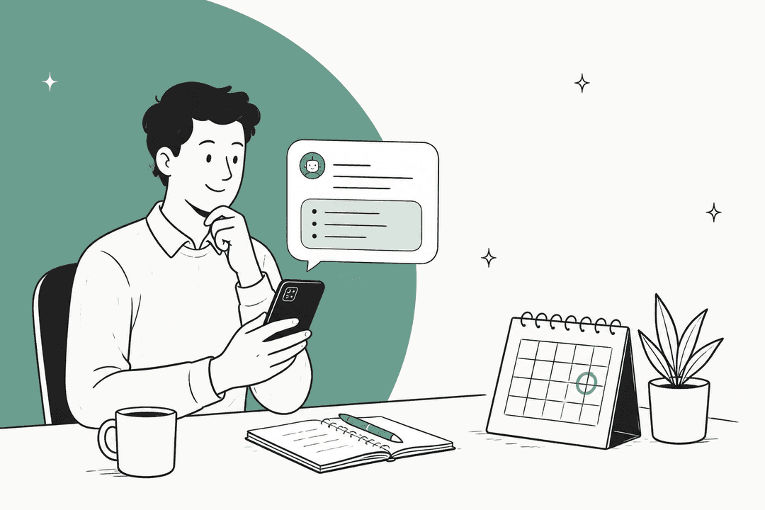 Hand-drawn hero banner of a man at a desk reading a short meeting brief in a text bubble on his phone, with a desk calendar with one day circled, an open notebook and a coffee mug