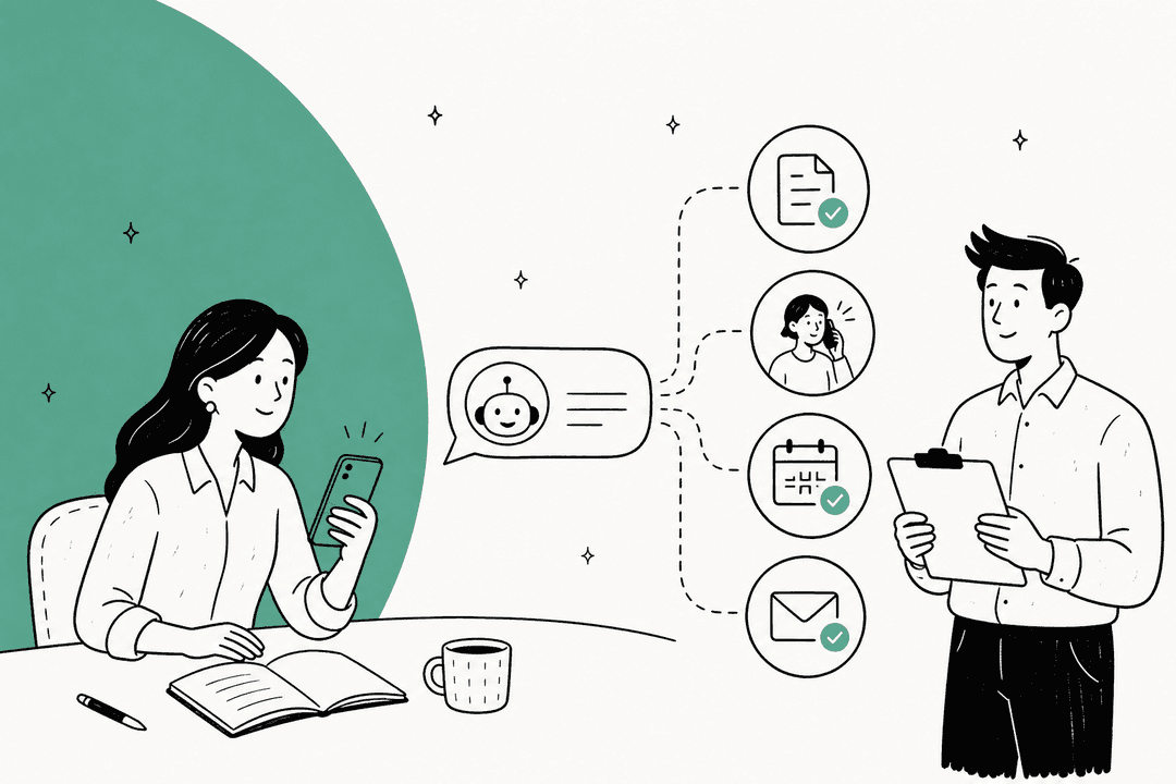 Hand-drawn hero banner of a woman at a desk texting a friendly AI agent on her phone, with dashed lines out to a document, a phone call, a calendar and an email, each ticked off, while a colleague reads a clipboard