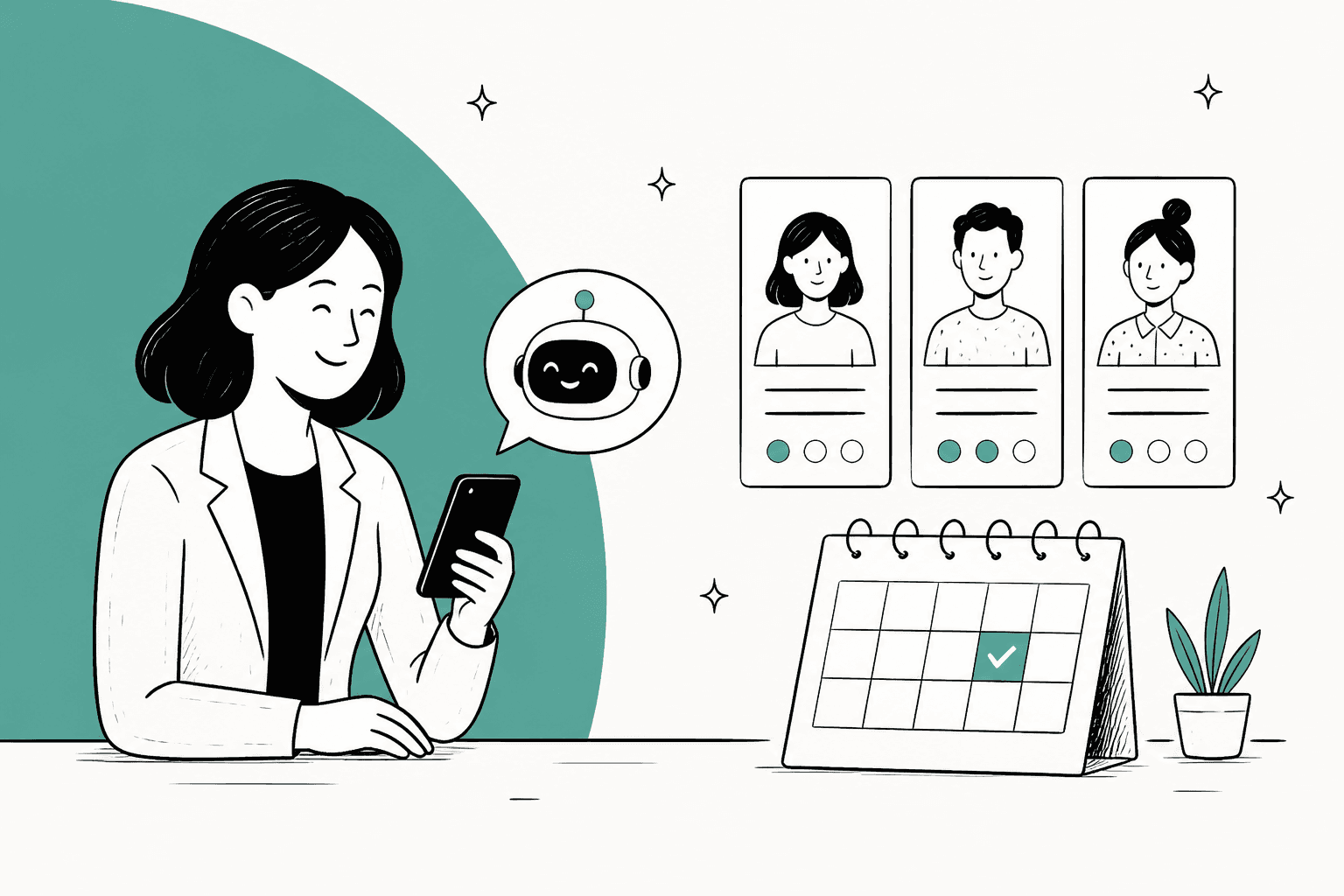 Hand-drawn hero banner of a recruiter smiling at her phone while a friendly robot assistant replies, next to three candidate cards and a desk calendar with one day checked, on a sage green background