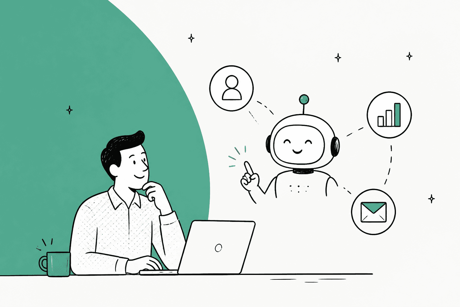 Hand-drawn hero banner of a sales rep at a laptop with a friendly robot assistant pointing to icons for a contact, a bar chart and an email, on a sage green background
