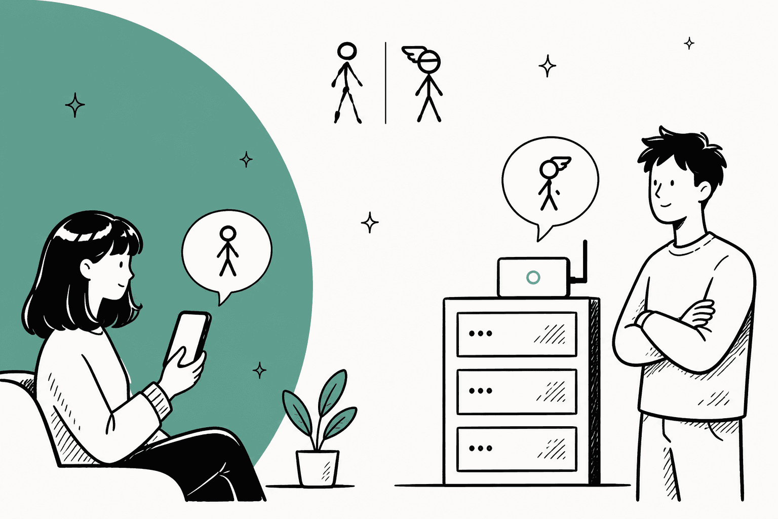 Hand-drawn hero banner: on the left a person on a sofa texting a personal assistant from a phone, on the right a person standing next to a home server running their own agent