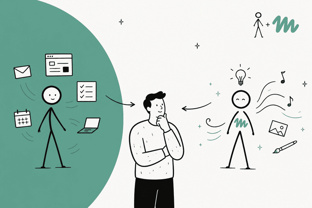 Hand-drawn hero banner of a person weighing two personal AI agents, one juggling email, calendar and tasks, the other a creative helper